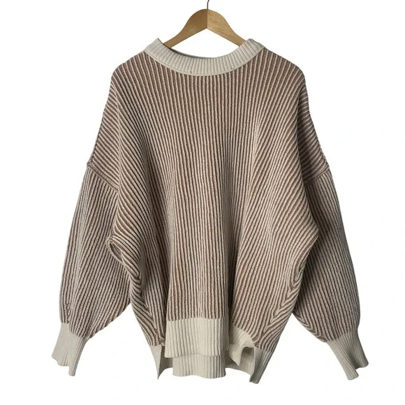 Aerie Chenille Striped Oversized Knit Sweater Pullover Tan Cream XL Chunky - Picture 2 of 8